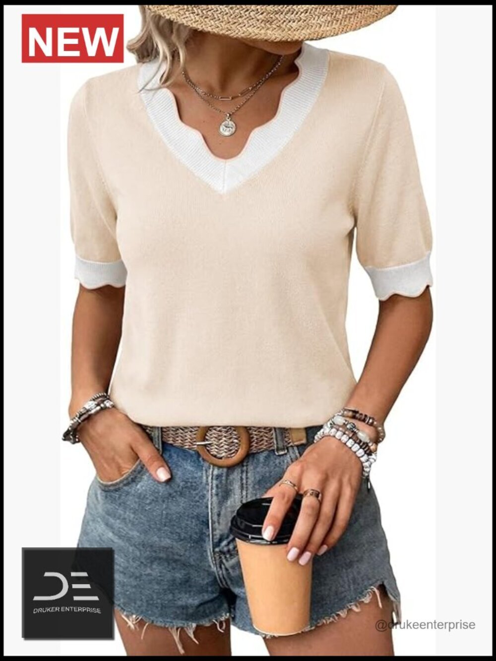 Scalloped V-Neck Short Sleeve Sweater Color Blocked Knit Business Casual Top